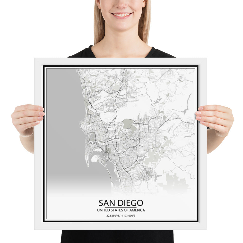 San Diego White Framed Map