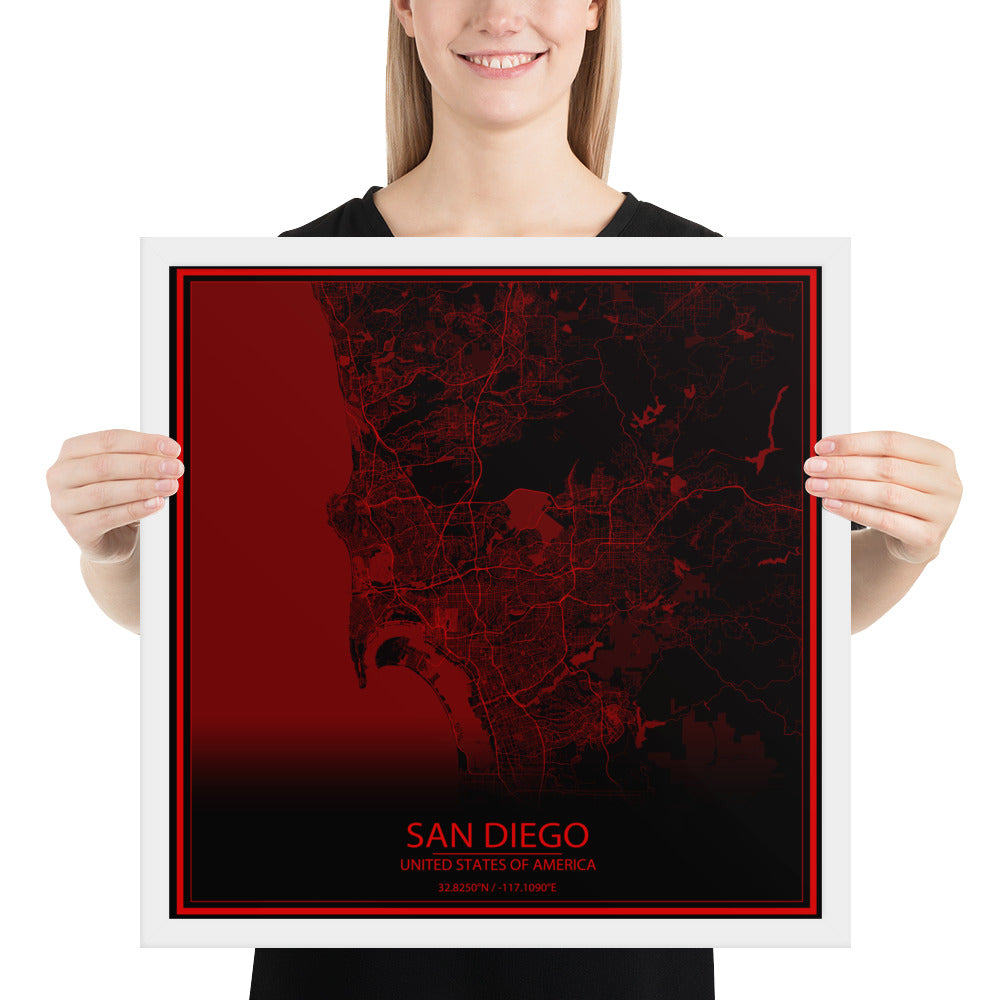 San Diego Black and Red Framed Map