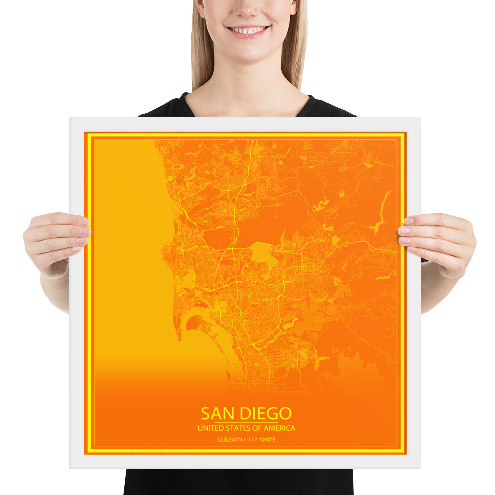 San Diego Orange and Yellow Framed Map