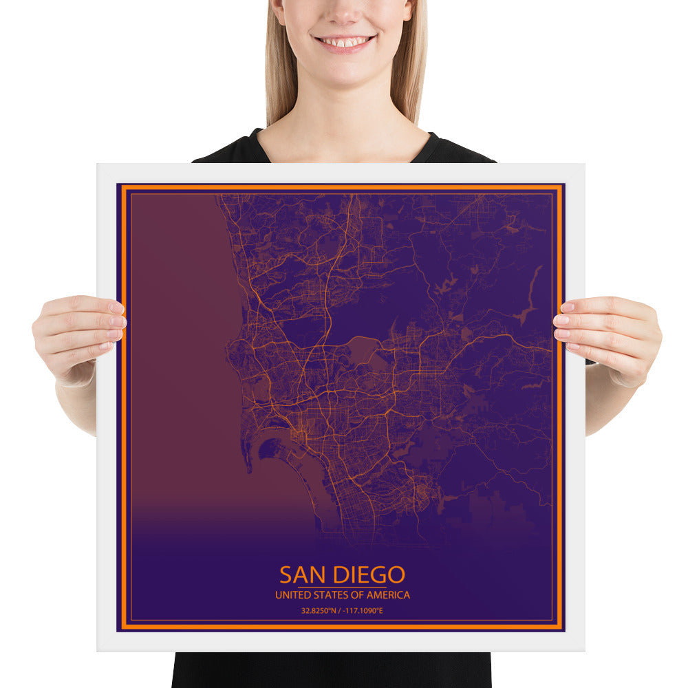 San Diego Purple and Orange Framed Map