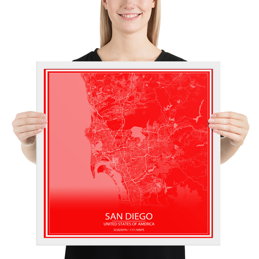 San Diego Red and White Framed Map