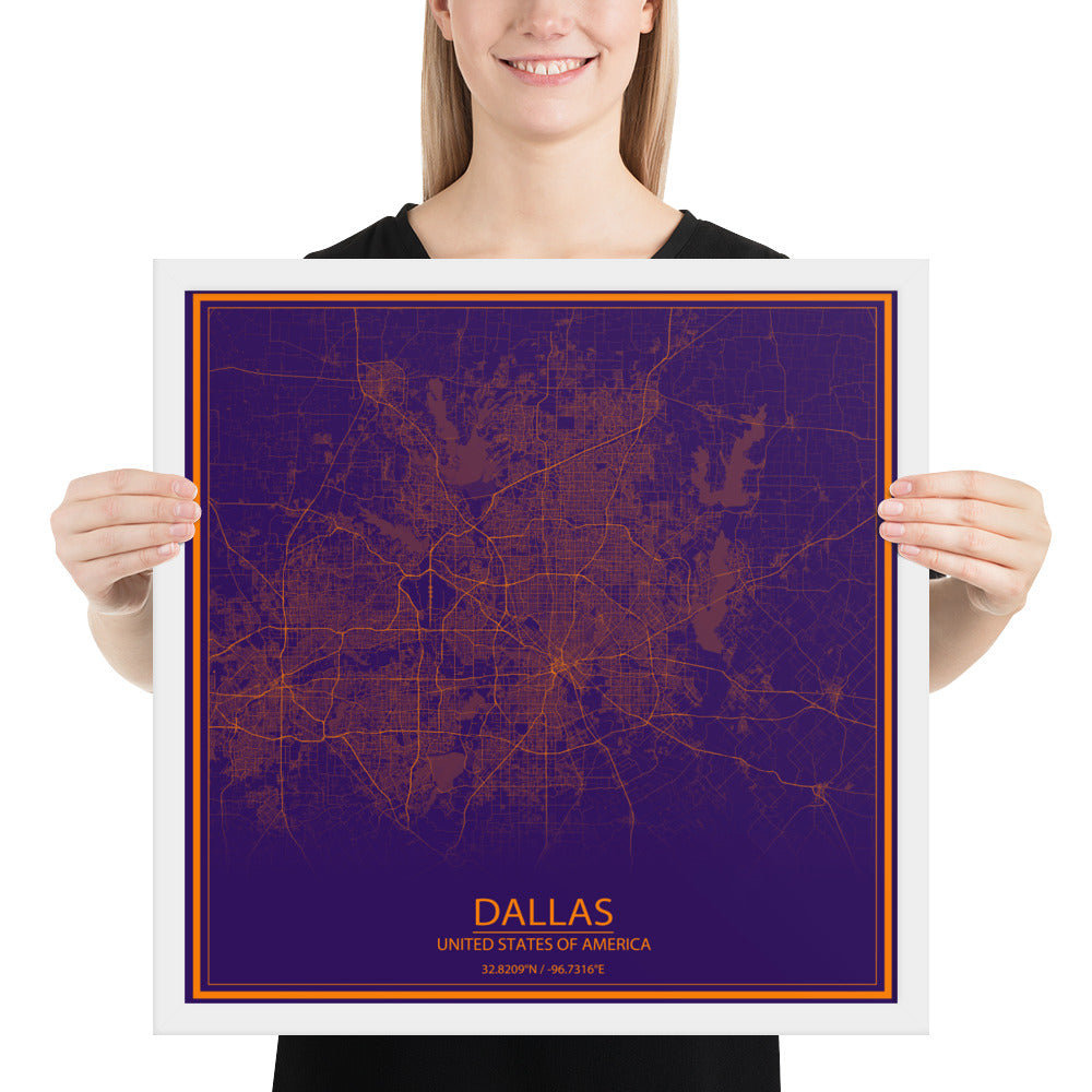 Dallas Purple and Orange Framed Map