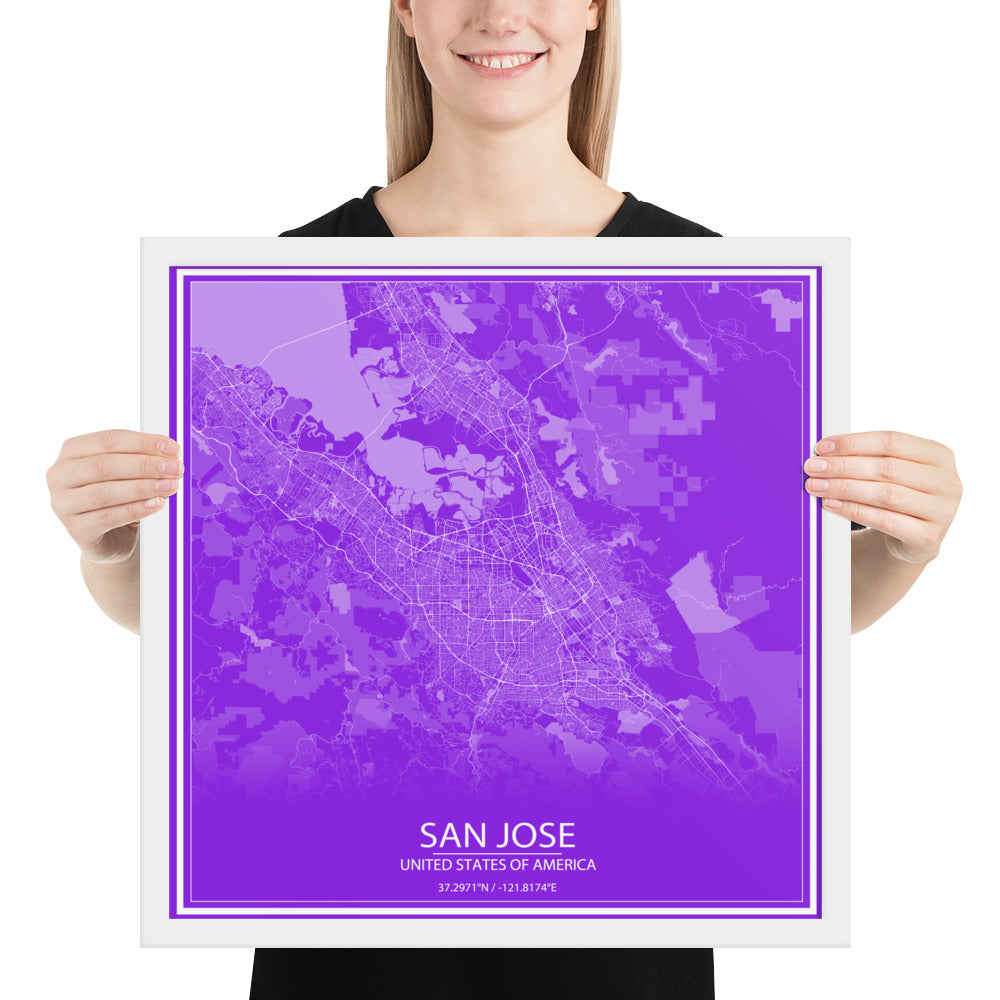 San Jose Purple and White Framed Map