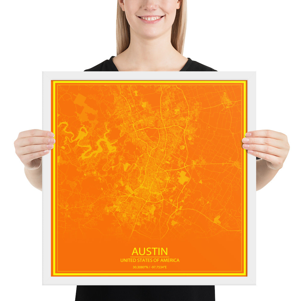 Austin Orange and Yellow Framed Map