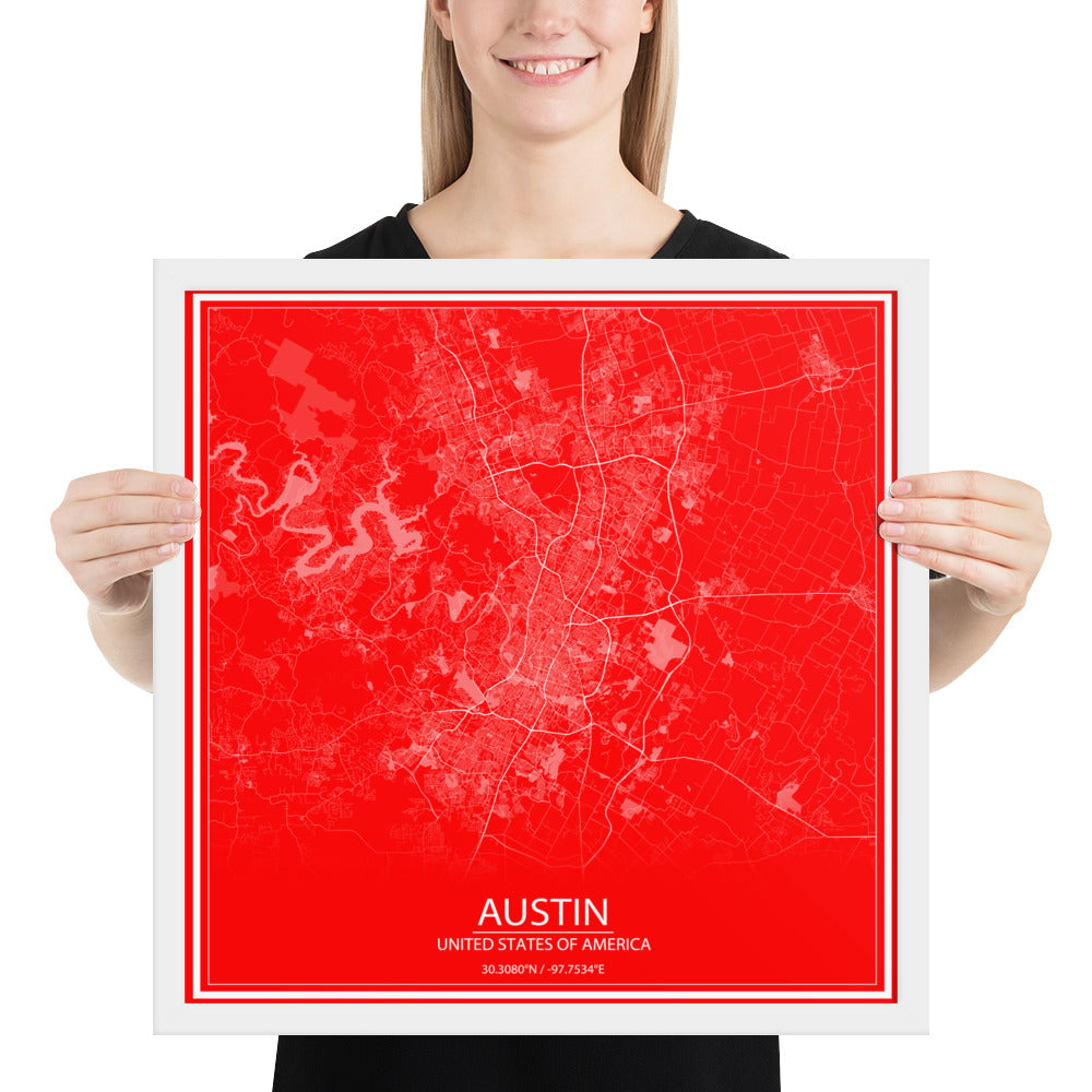 Austin Red and White Framed Map