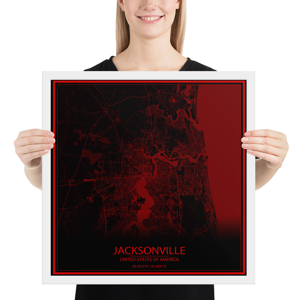 Jacksonville Black and Red Framed Map