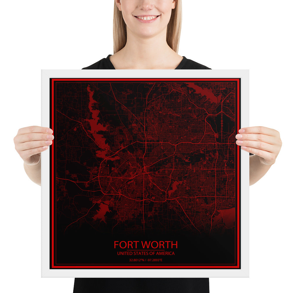 Fort Worth Black and Red Framed Map