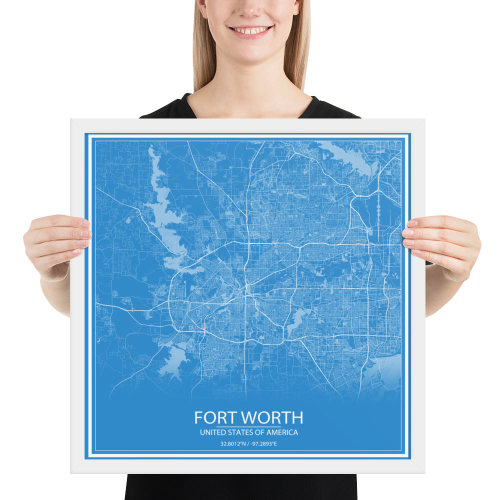 Fort Worth Blue and White Framed Map