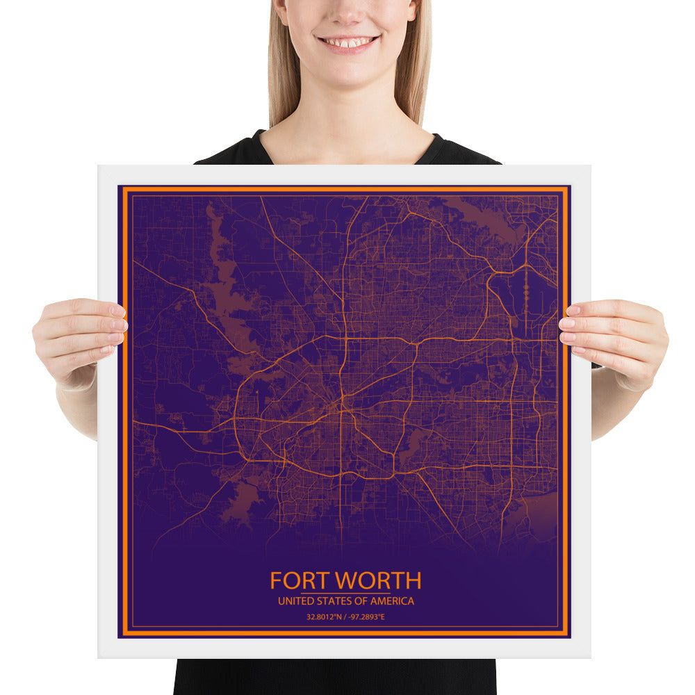 Fort Worth Purple and Orange Framed Map