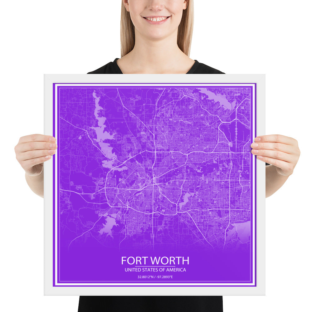 Fort Worth Purple and White Framed Map