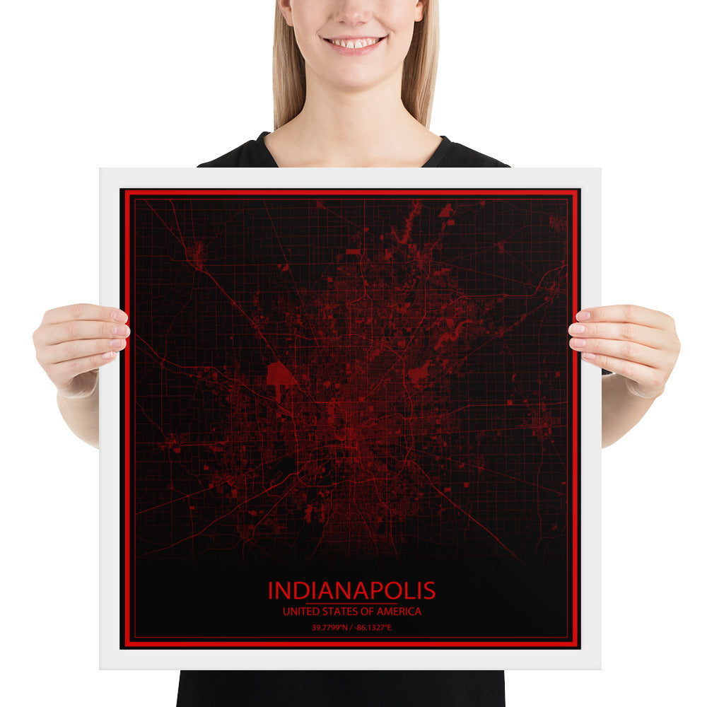 Indianapolis Black and Red Framed Map