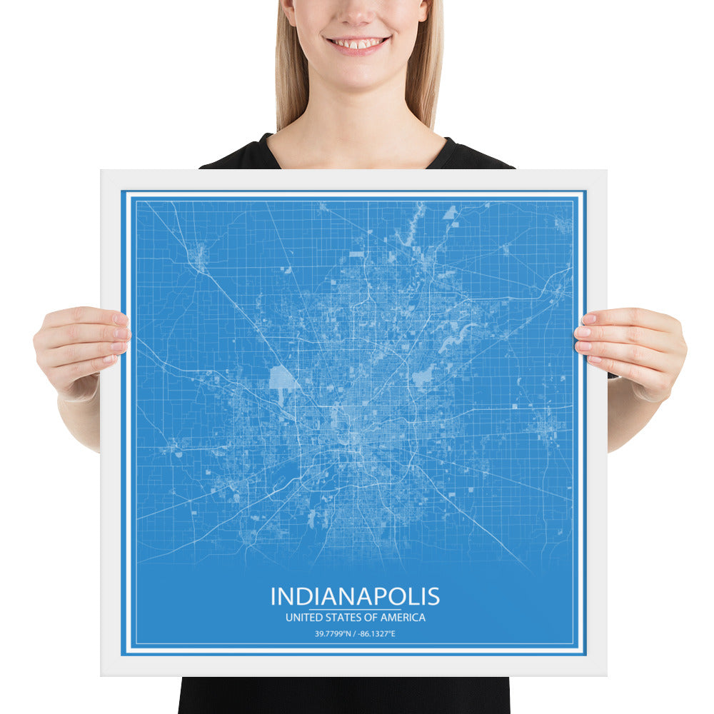 Indianapolis Blue and White Framed Map