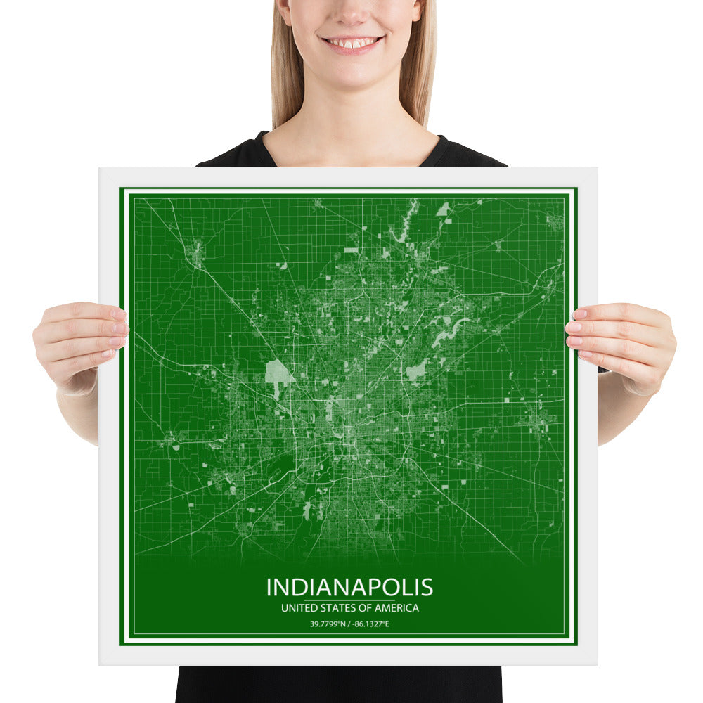 Indianapolis Green and White Framed Map