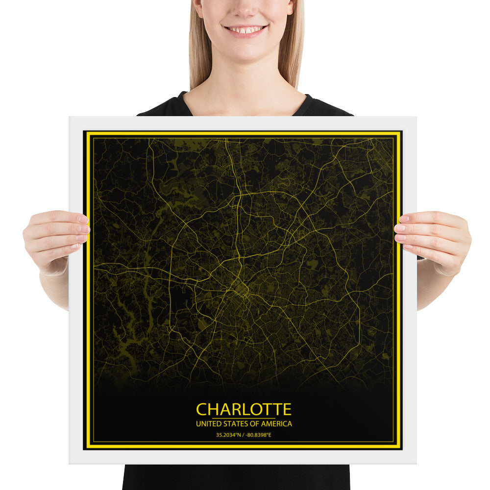 Charlotte Black and Yellow Framed Map