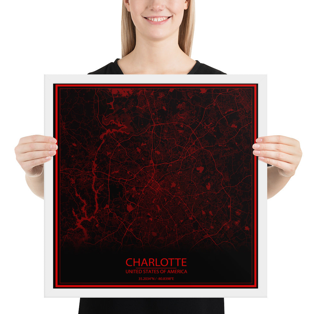 Charlotte Black and Red Framed Map