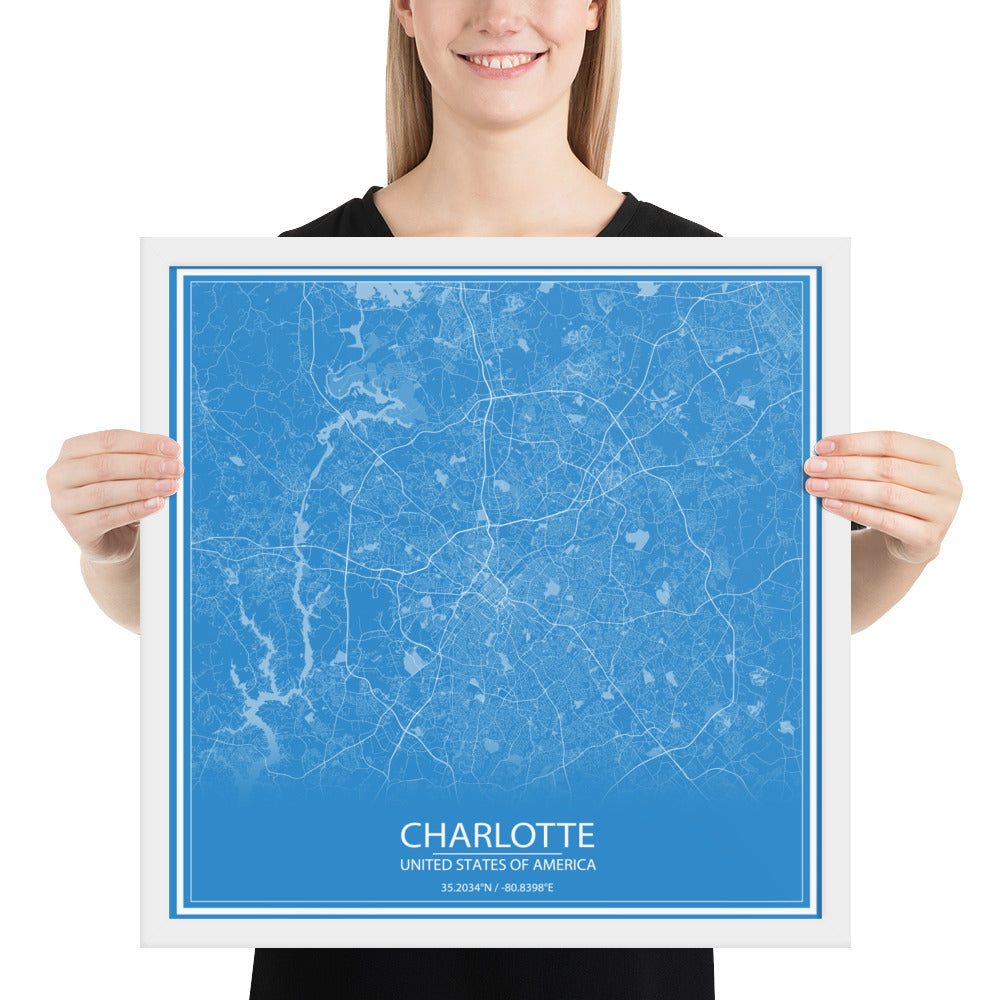 Charlotte Blue and White Framed Map