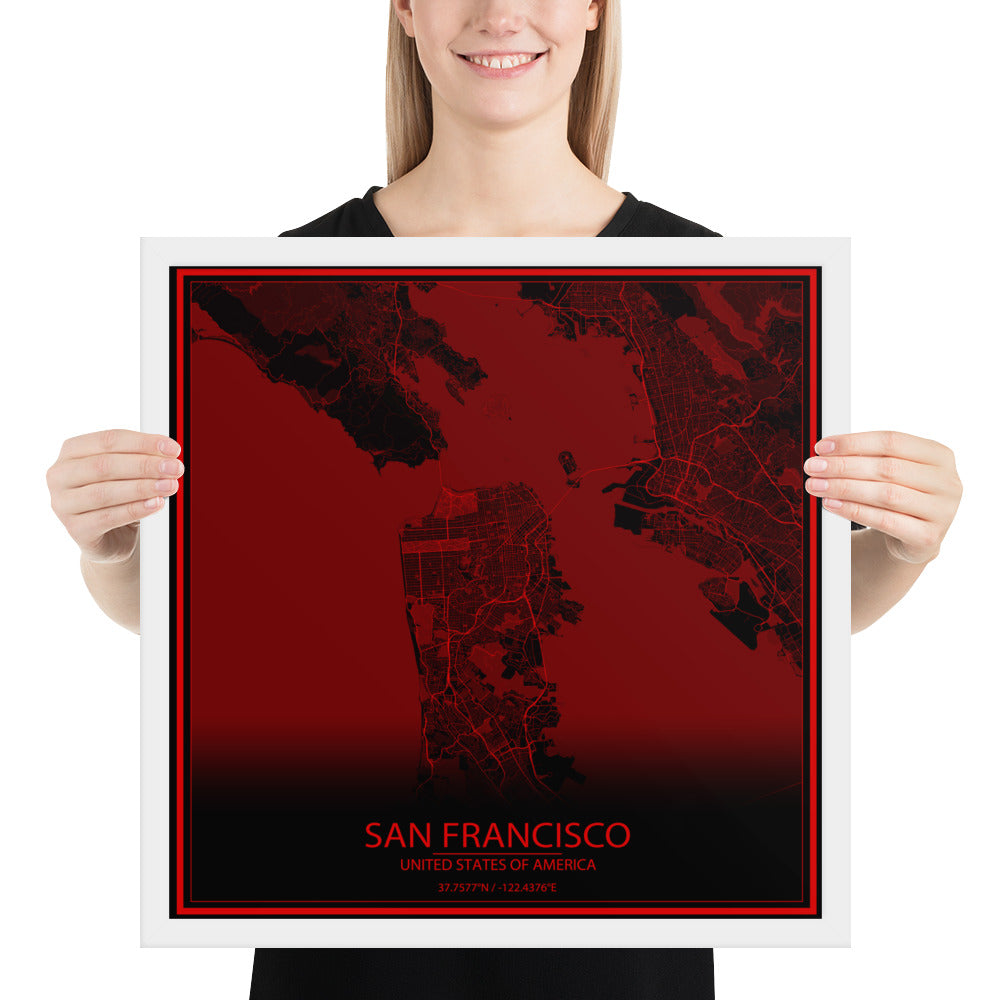 San Francisco Black and Red Framed Map