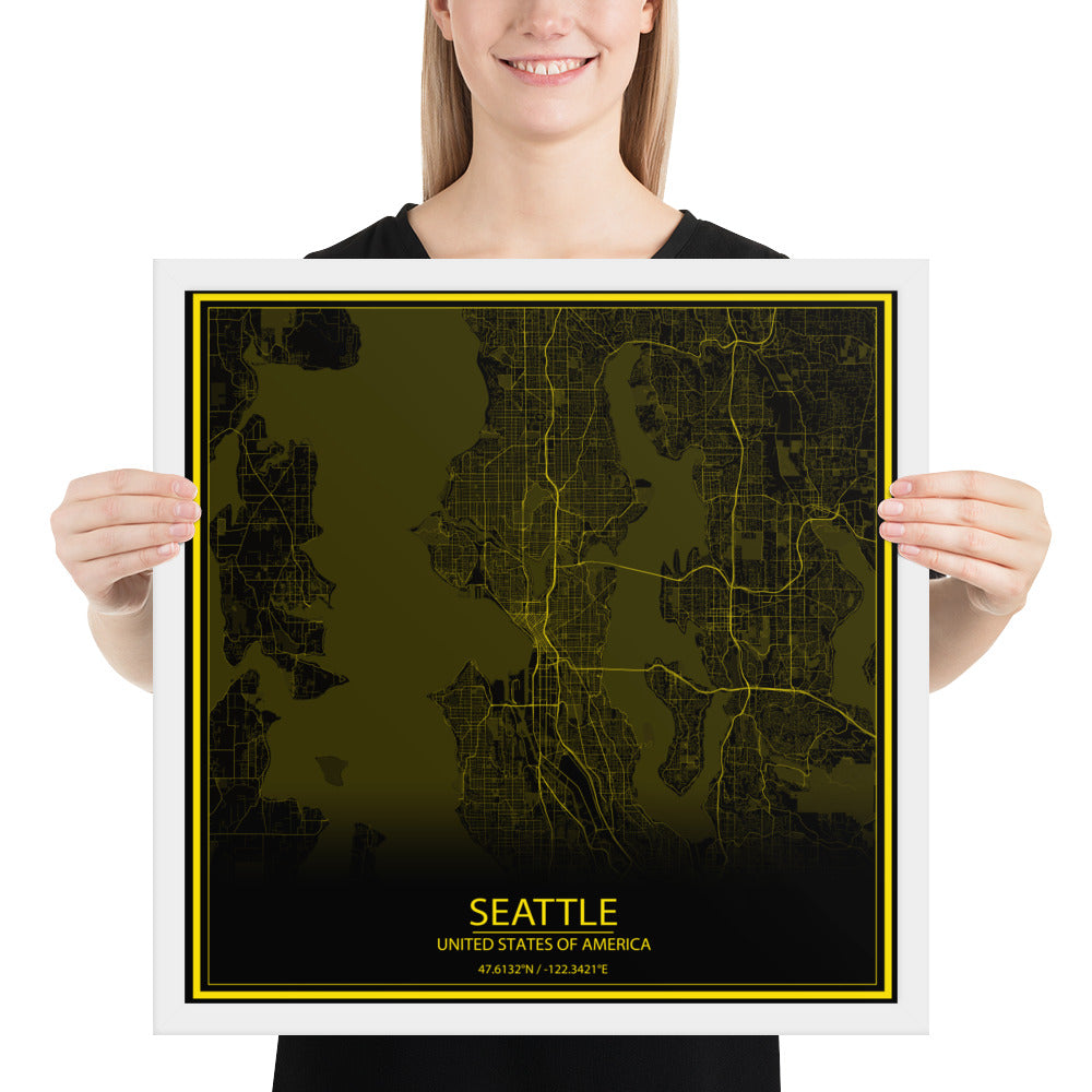 Seattle Black and Yellow Framed Map