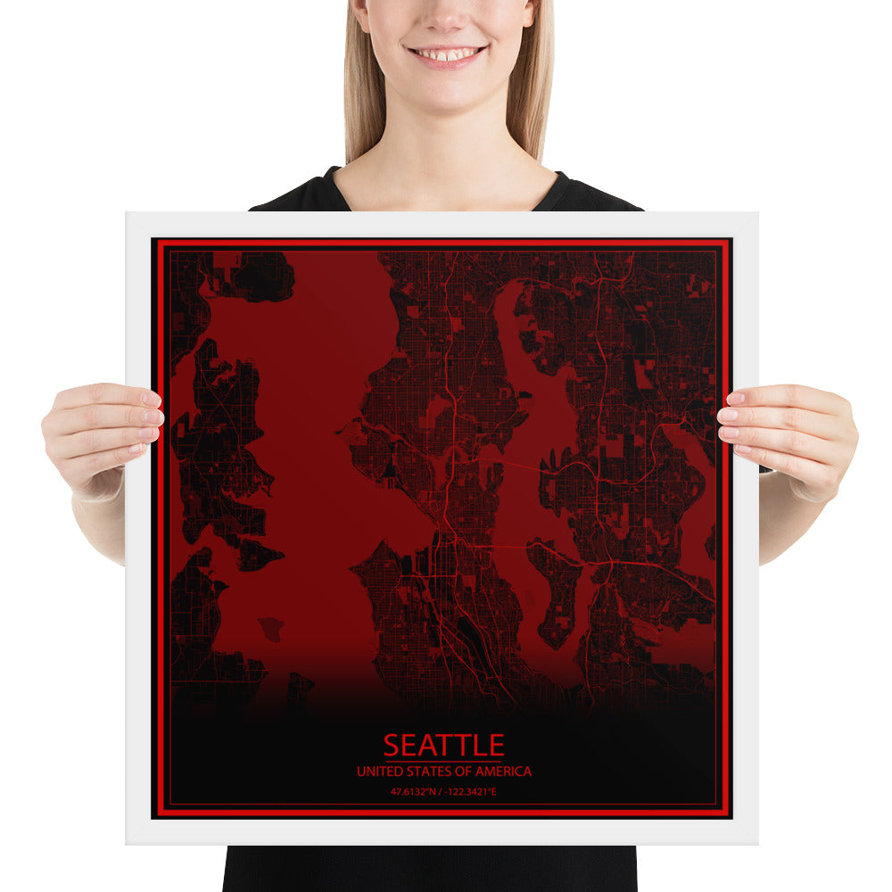 Seattle Black and Red Framed Map