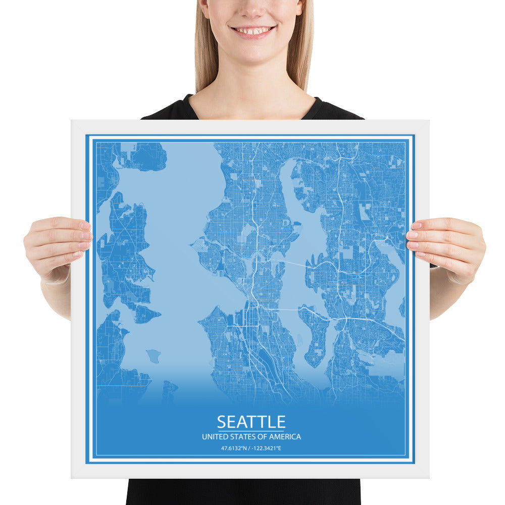 Seattle Blue and White Framed Map