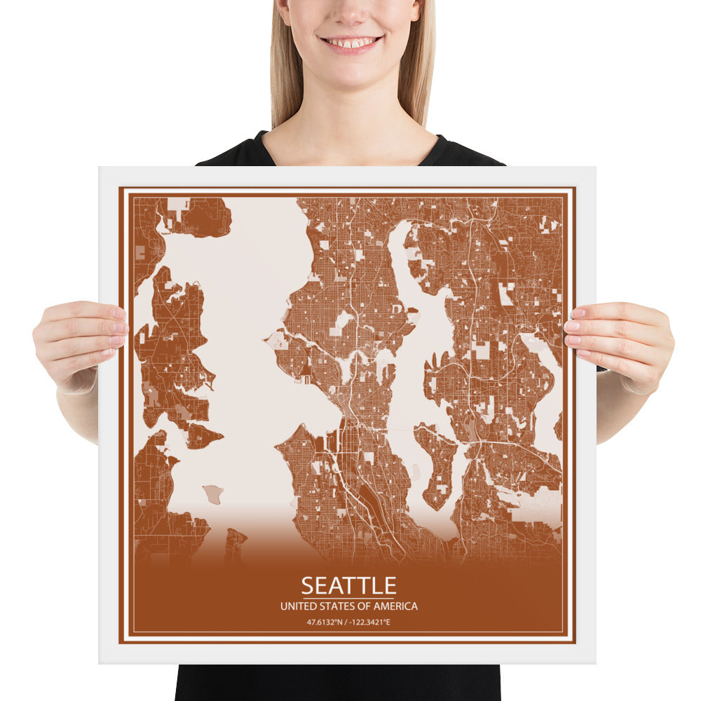 Seattle Brown and White Framed Map