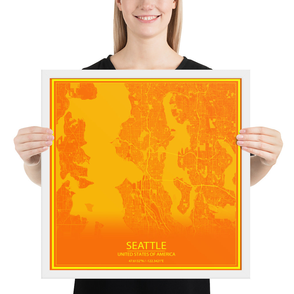 Seattle Orange and Yellow Framed Map