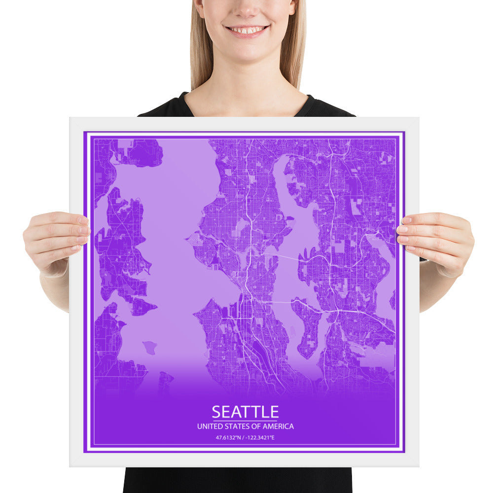 Seattle Purple and White Framed Map