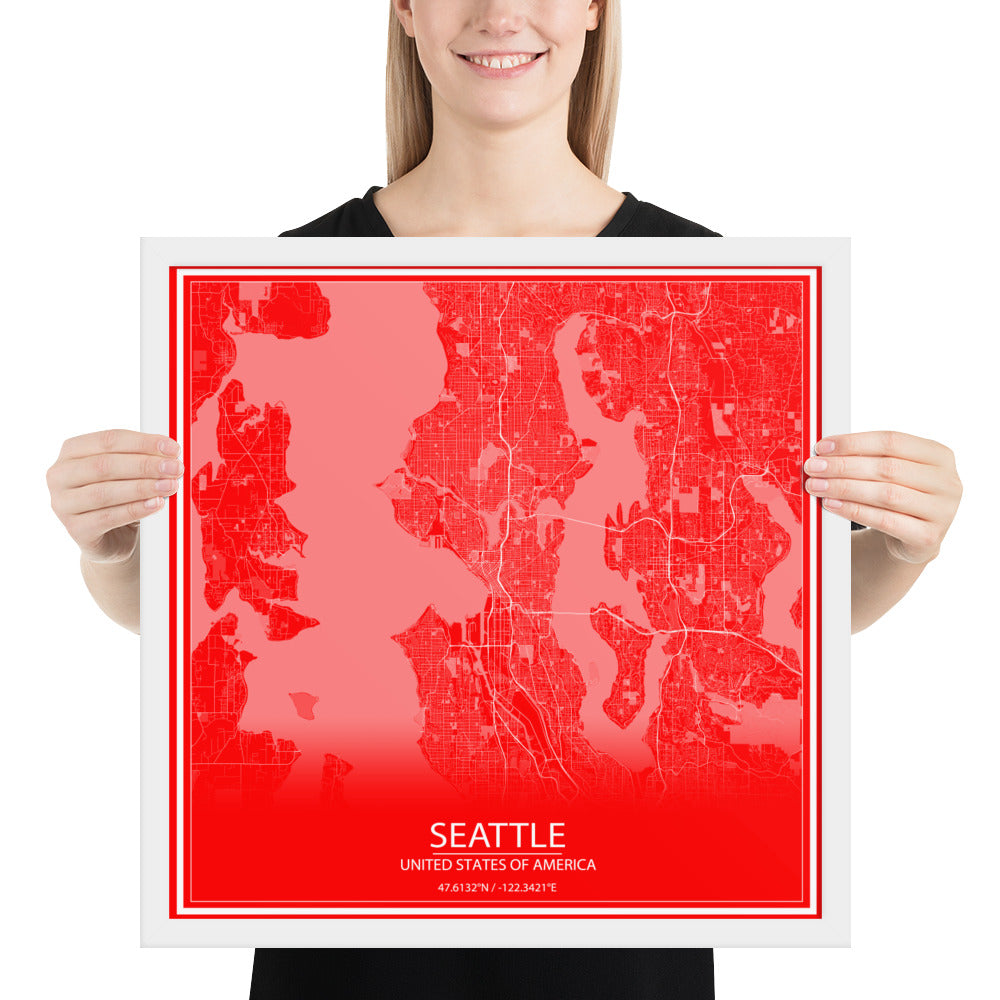 Seattle Red and White Framed Map