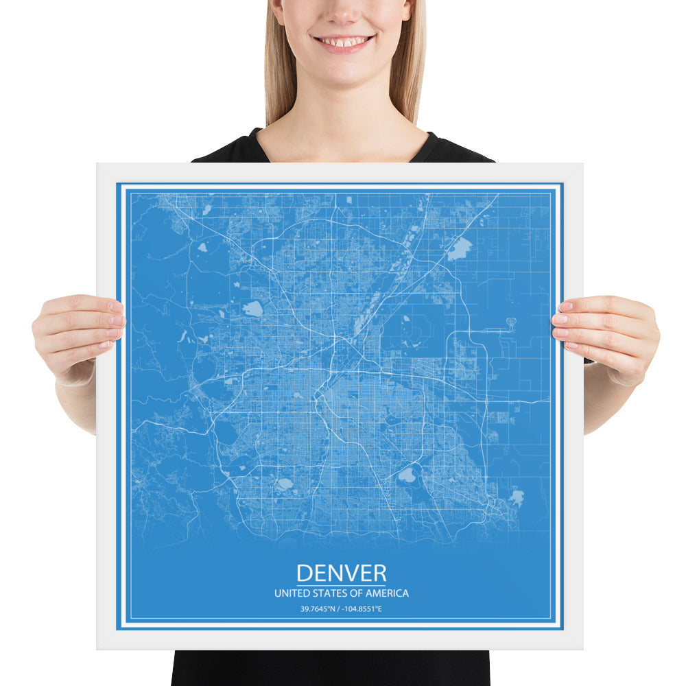 Denver Blue and White Framed Map