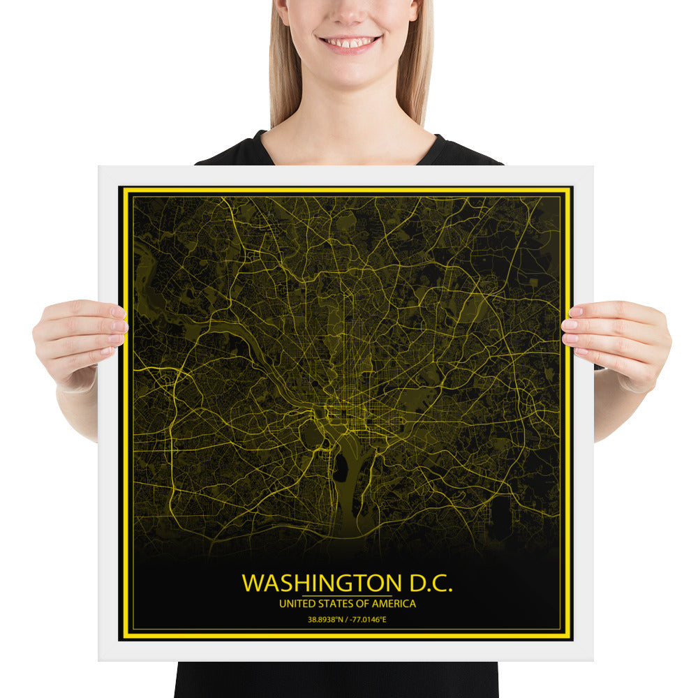 Washington, D.C. Black and Yellow Framed Map