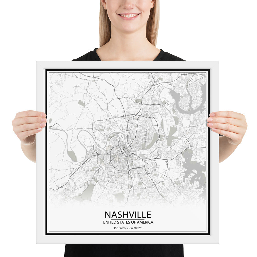 Nashville White Framed Map