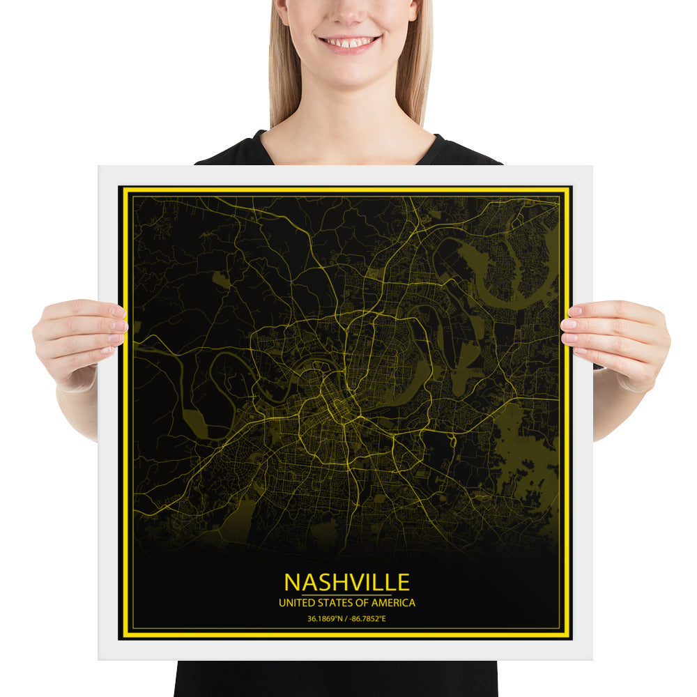 Nashville Black and Yellow Framed Map