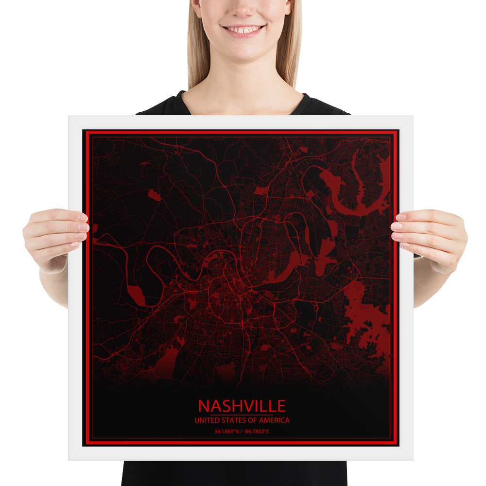 Nashville Black and Red Framed Map