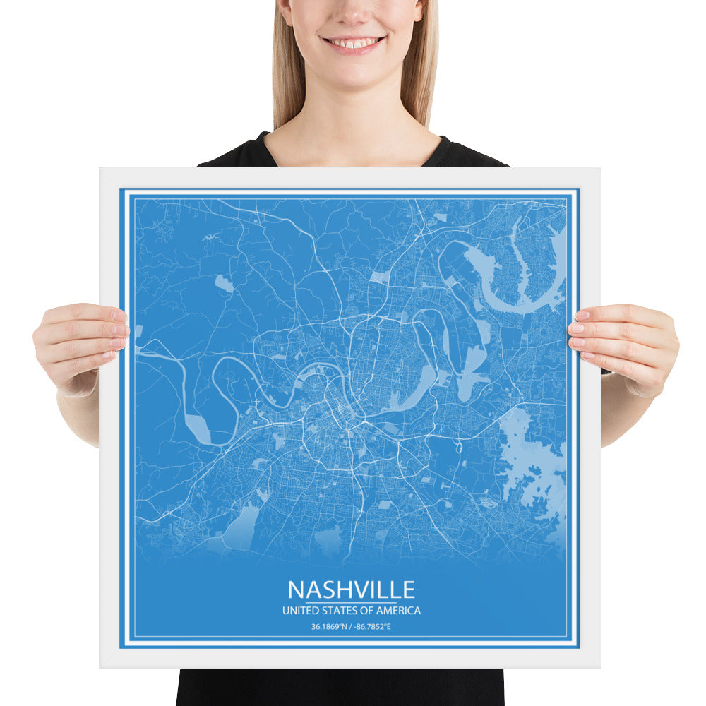 Nashville Blue and White Framed Map