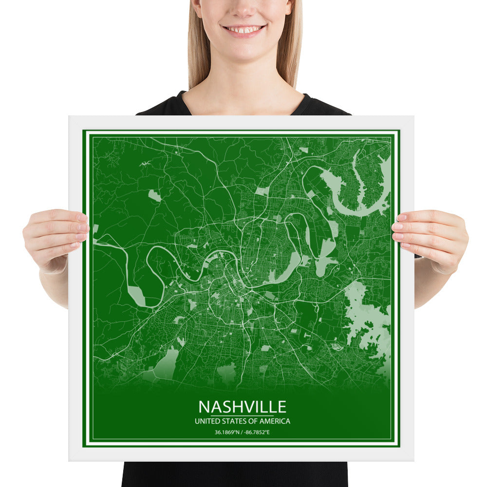 Nashville Green and White Framed Map