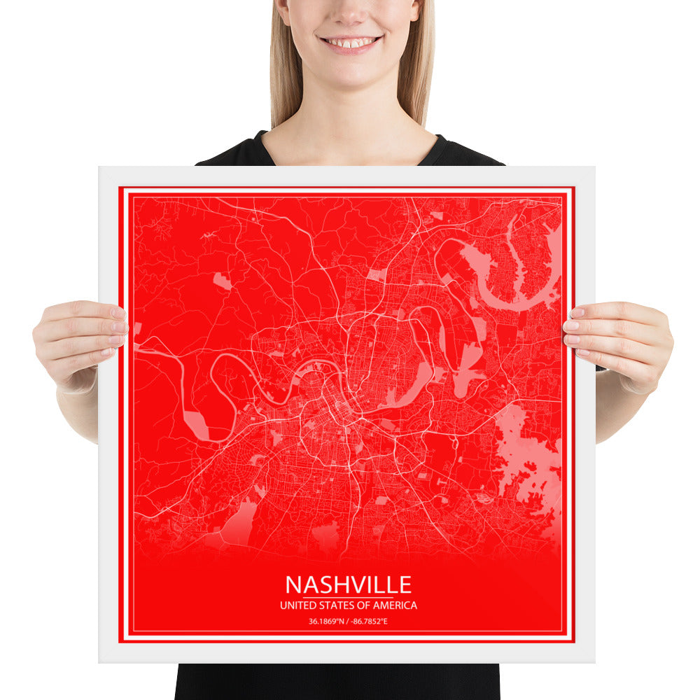 Nashville Red and White Framed Map