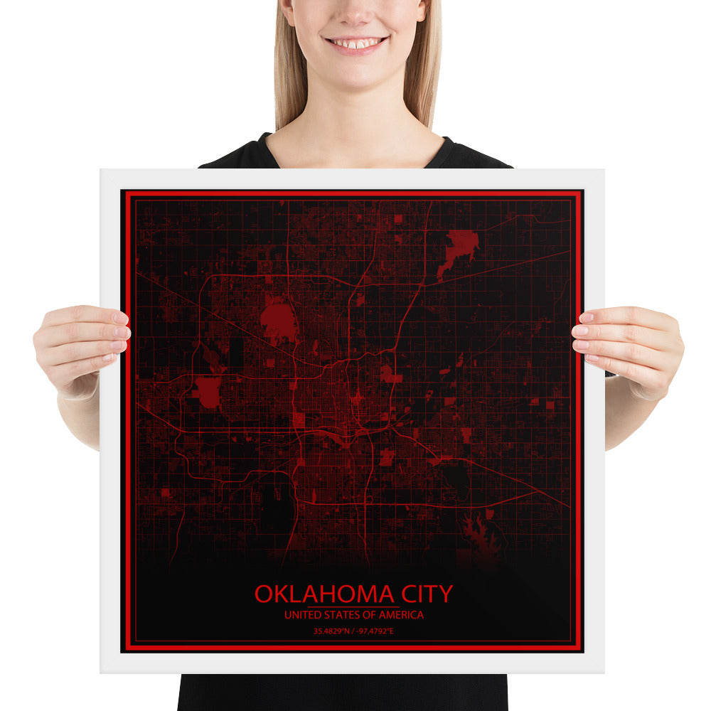 Oklahoma City Black and Red Framed Map