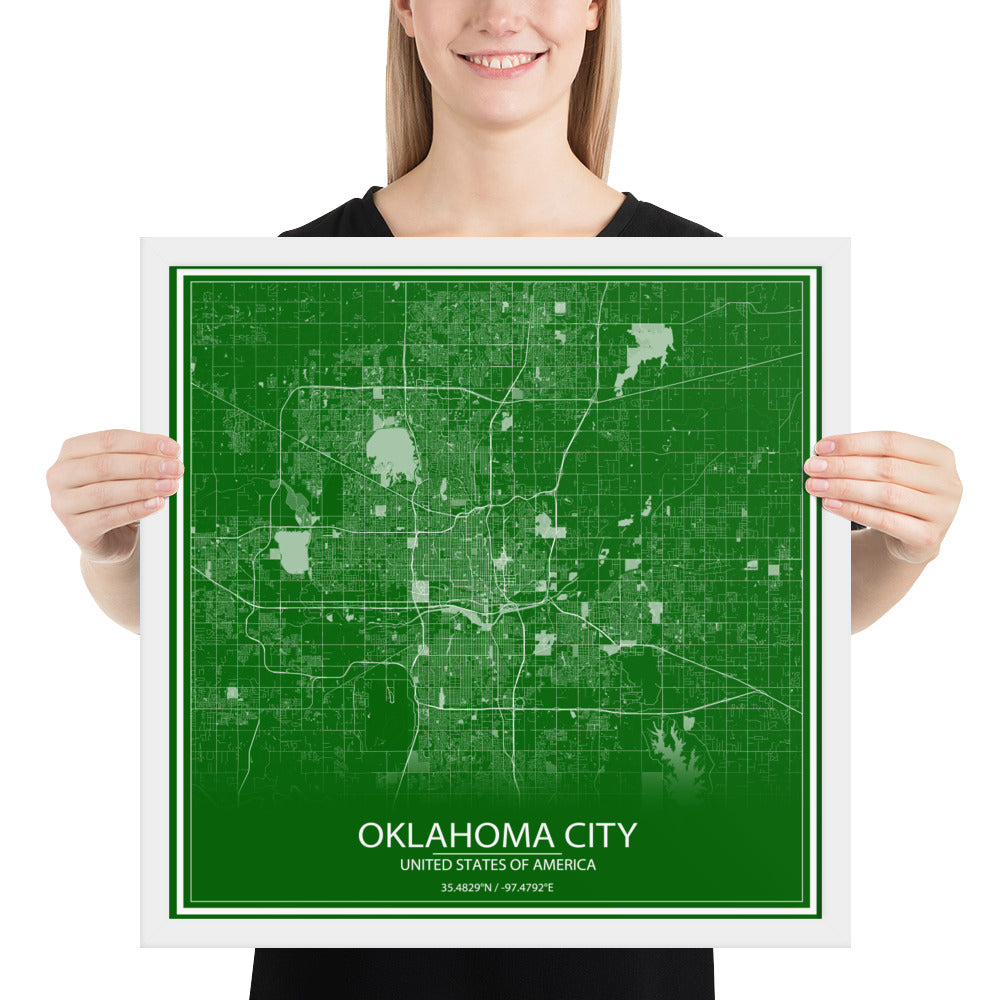 Oklahoma City Green and White Framed Map