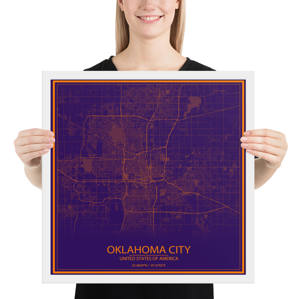 Oklahoma City Purple and Orange Framed Map