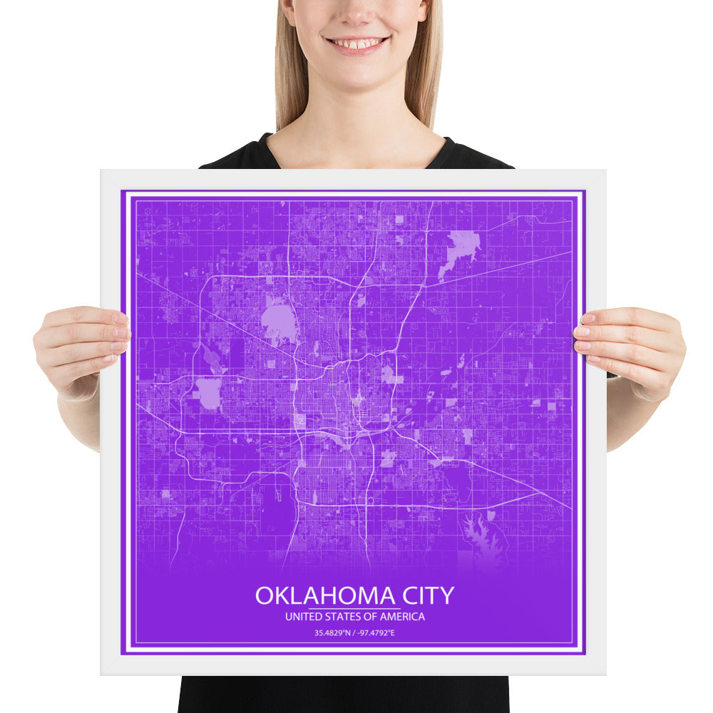 Oklahoma City Purple and White Framed Map