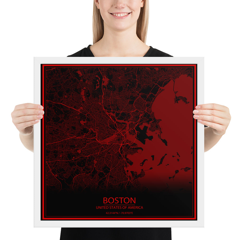 Boston Black and Red Framed Map