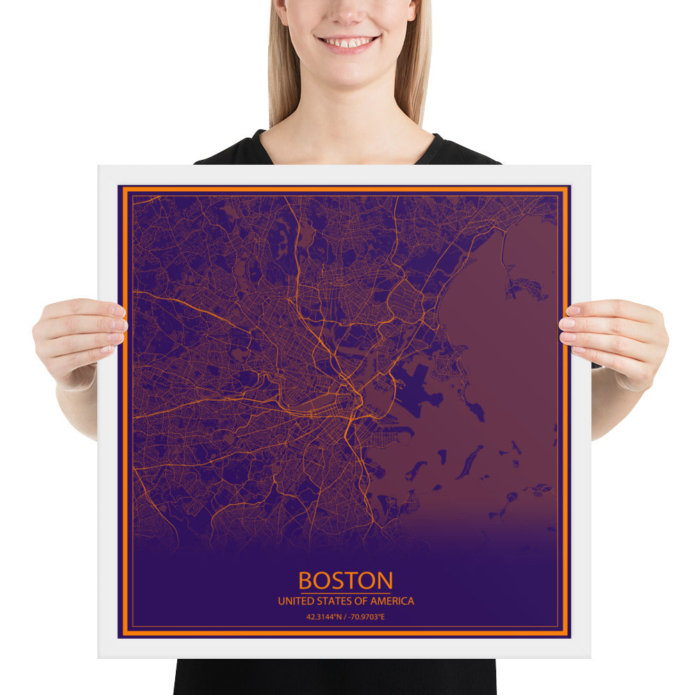 Boston Purple and Orange Framed Map