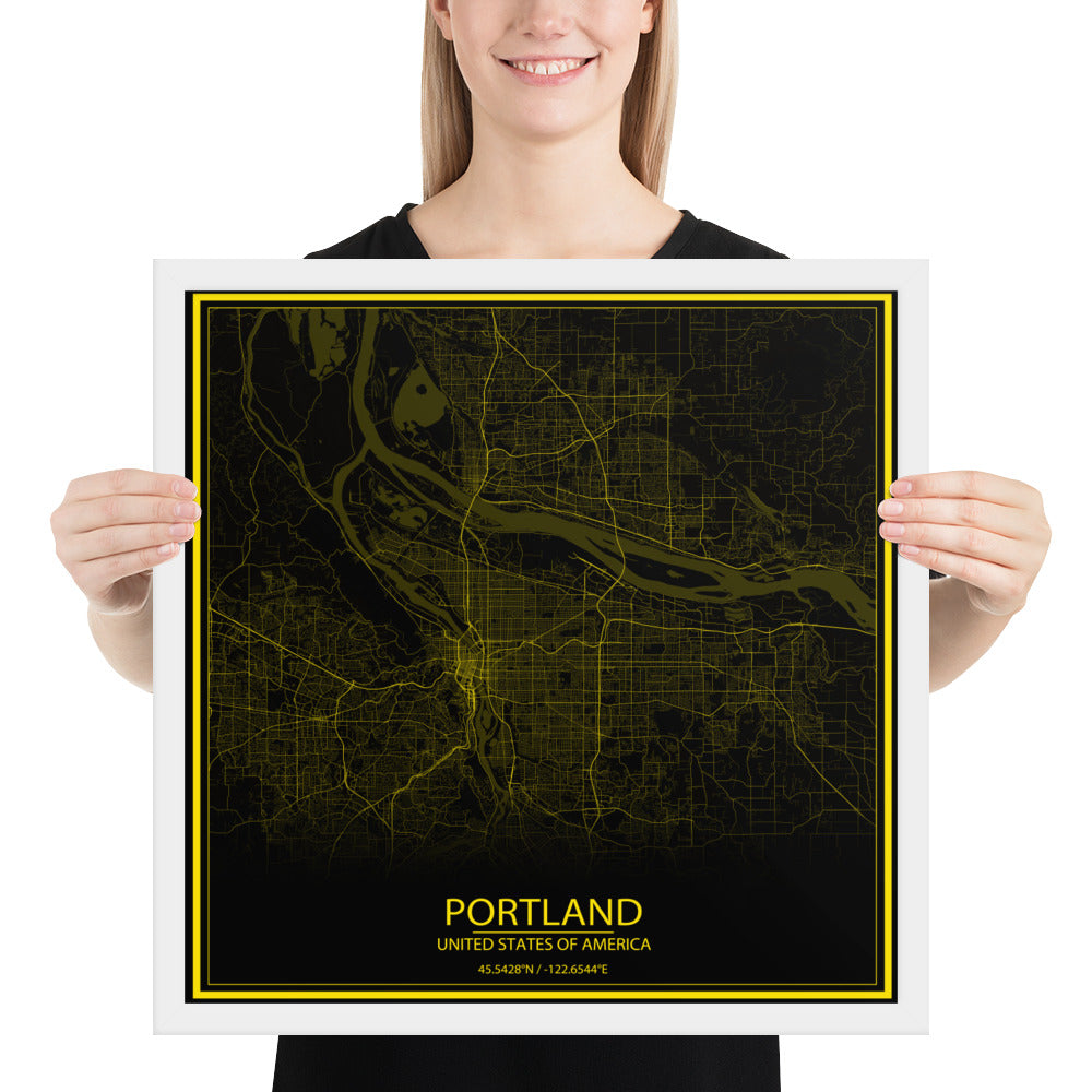 Portland Black and Yellow Framed Map