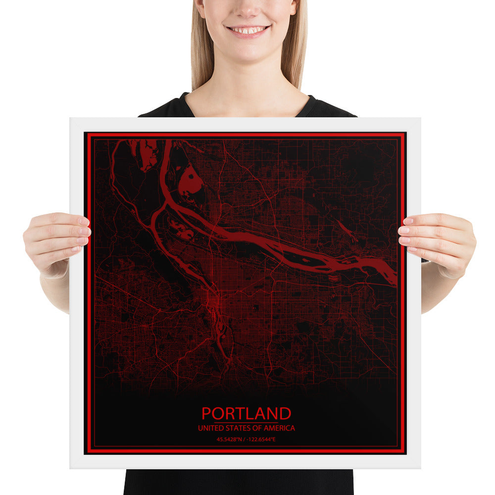 Portland Black and Red Framed Map