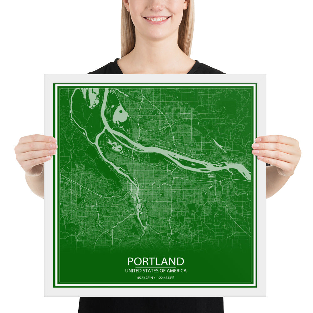 Portland Green and White Framed Map