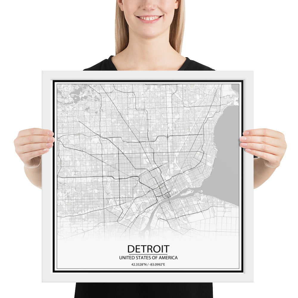 Detroit White Framed Map