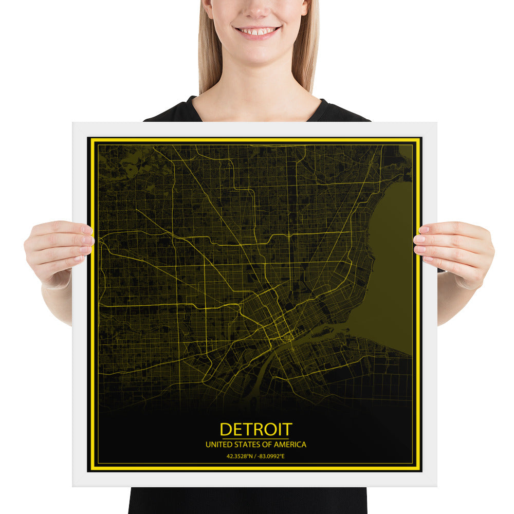 Detroit Black and Yellow Framed Map