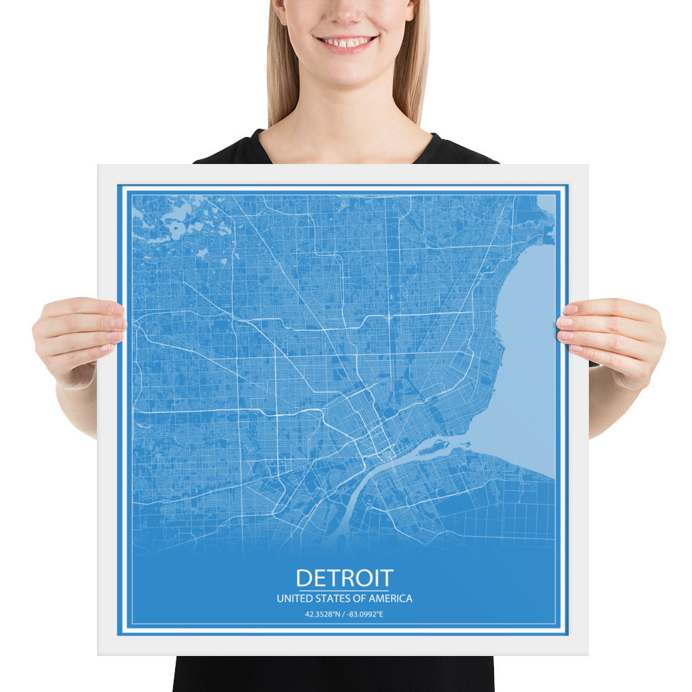 Detroit Blue and White Framed Map