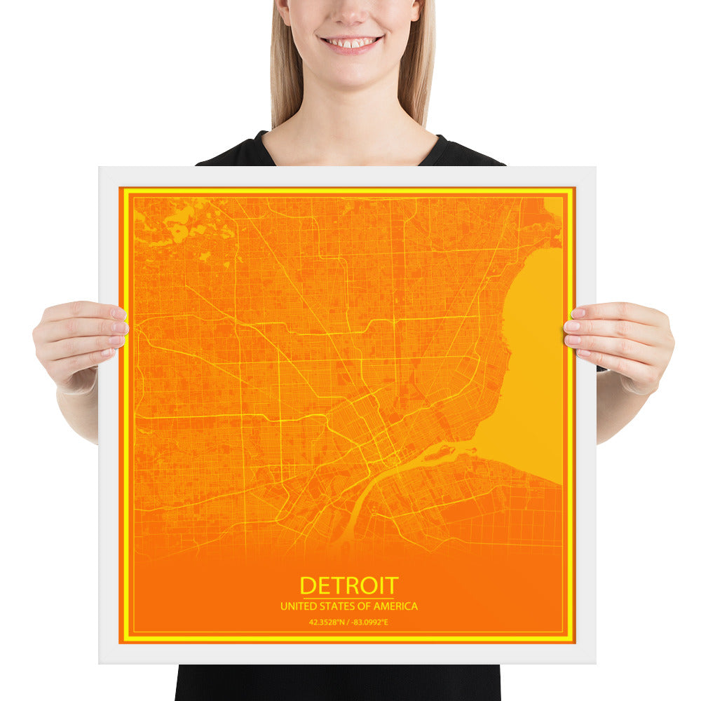 Detroit Orange and Yellow Framed Map