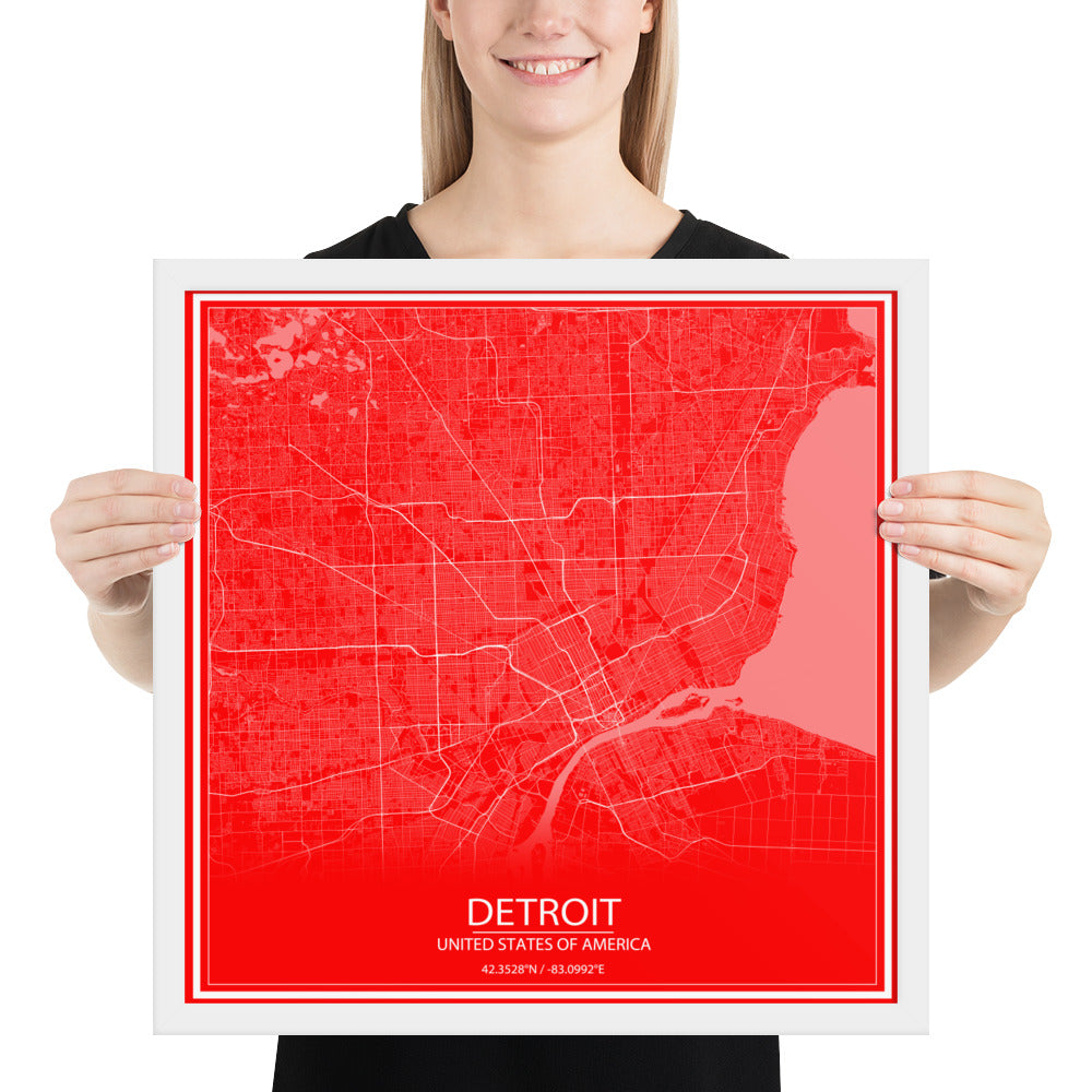 Detroit Red and White Framed Map